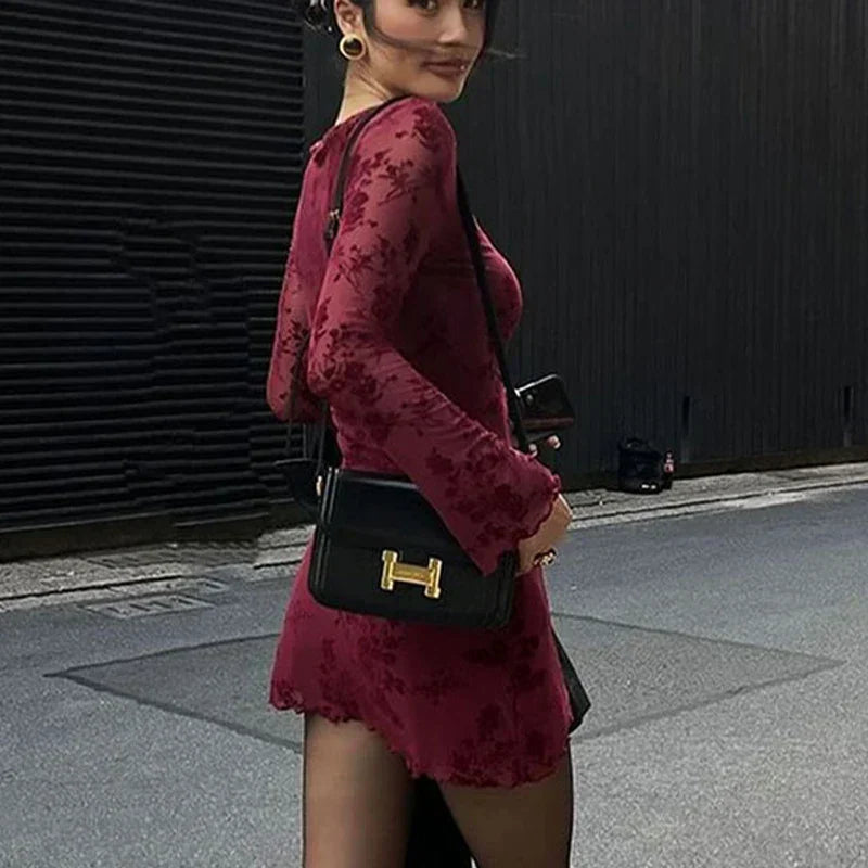 Wine Red Print Long Sleeves Knitted Dress Mssaz Desses