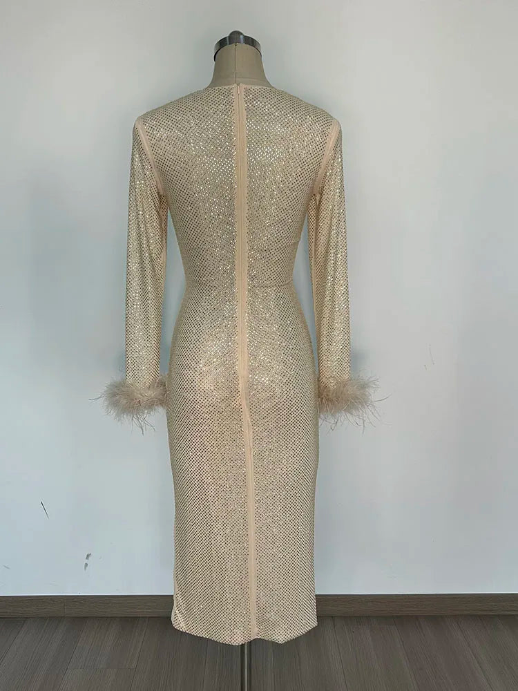 Feathers Rhinestone Folds Midi Dress Mssaz Desses