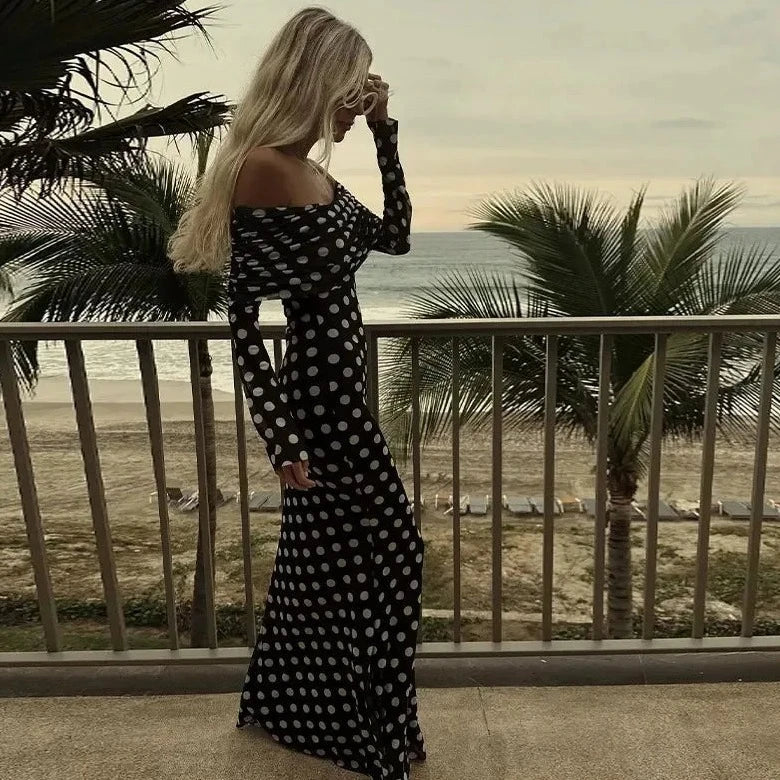 Polka Dots Off Shoulder Long Sleeves Maxi Dress Mssaz Desses