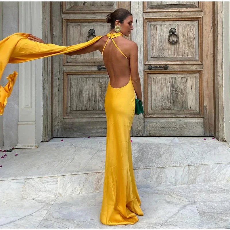 Yellow Satin Backless Lace-Up Off-Shoulder Maxi Dress Mssaz Desses