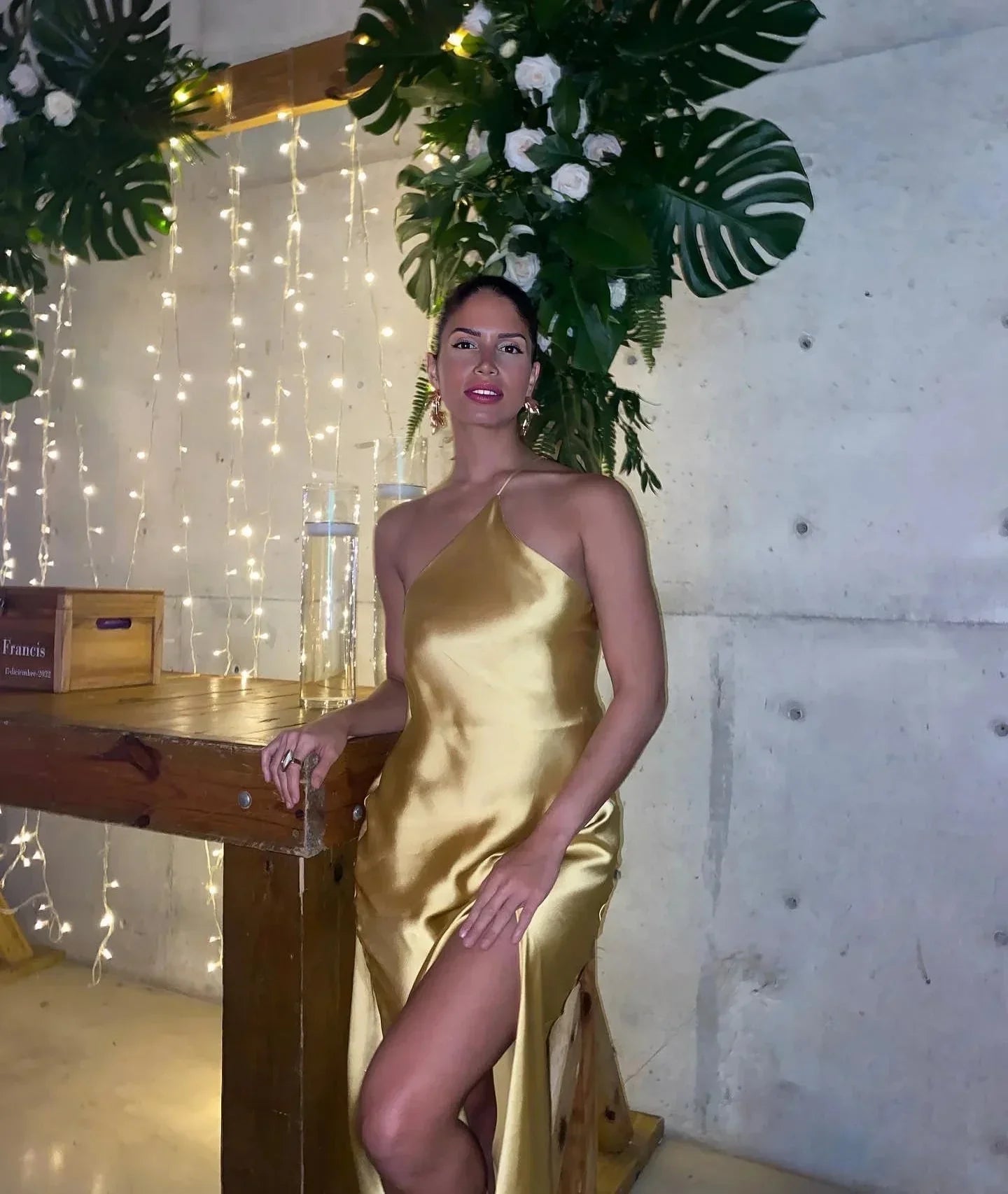 Backless Satin Slant Shoulder Solid Slit Long Dress Mssaz Desses