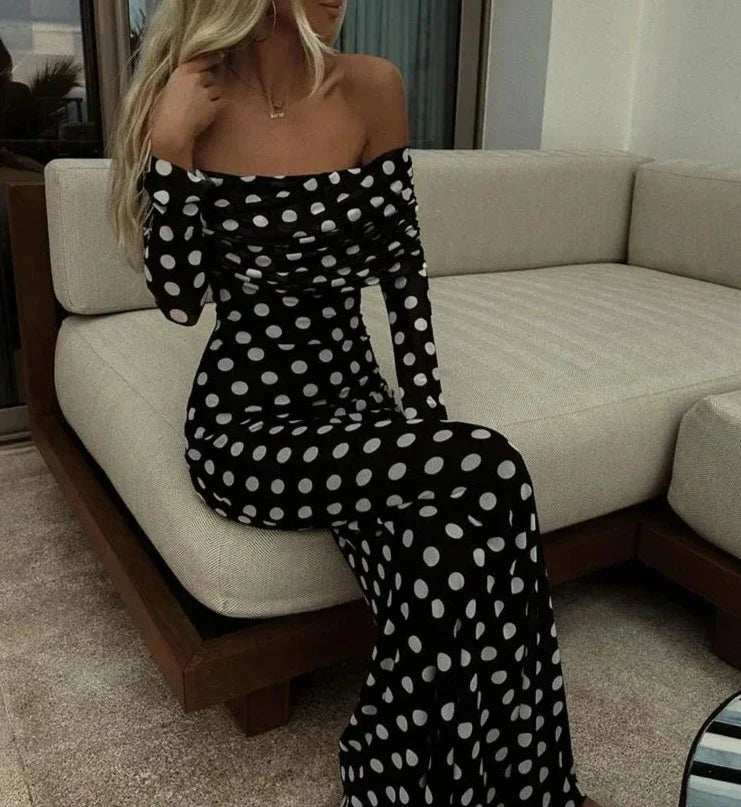 Polka Dots Off Shoulder Long Sleeves Maxi Dress Mssaz Desses