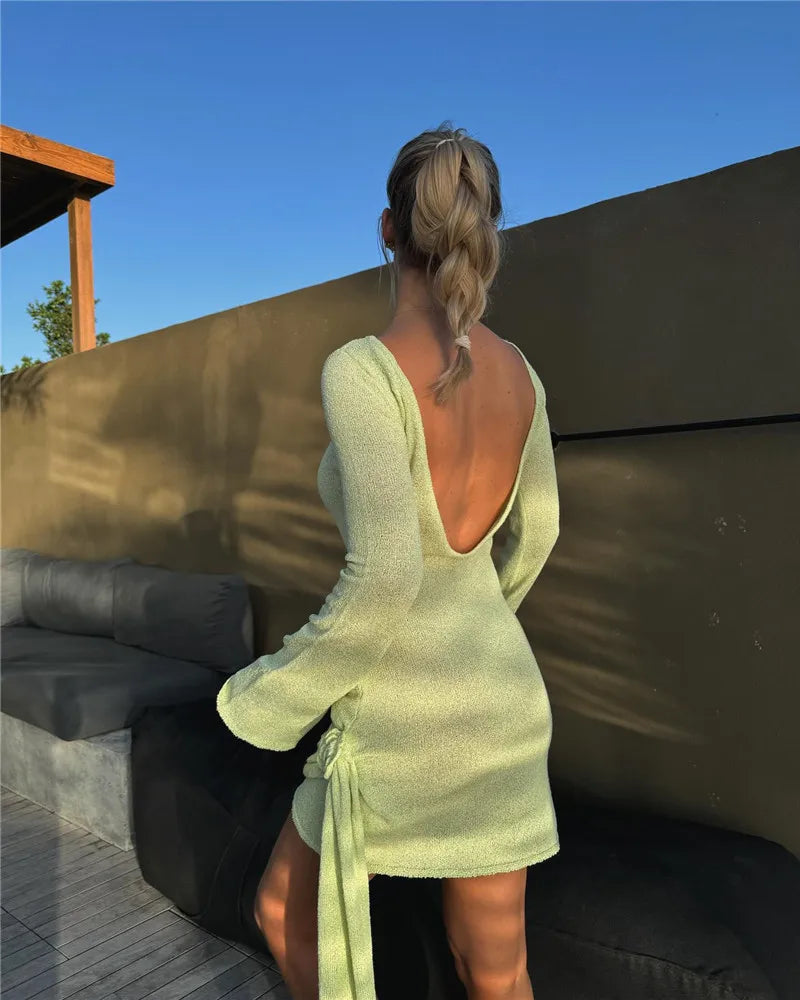 Floral Draped Open Back Knit Long Sleeve Mini Dress Mssaz Desses