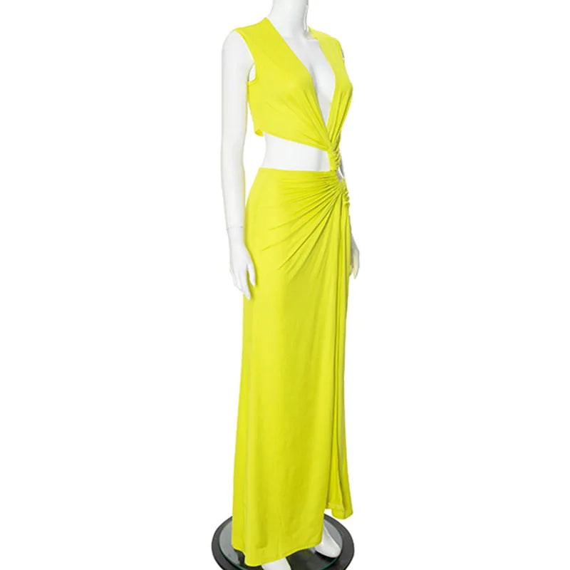 Deep V Cut Out Slit Asymmetrical Long Dress Mssaz Desses