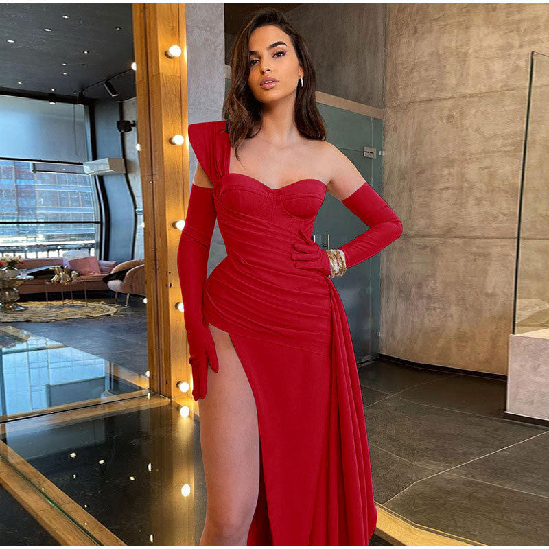 Solid Satin Asymmetric Slit Long Sleeve Dress Mssaz Desses
