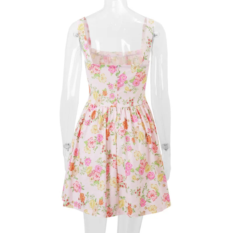 Flower Printed Open Back A-line Corset Mini Dress Mssaz Desses
