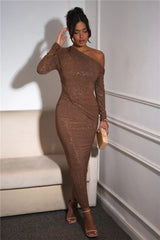 Long Sleeve Inclined Shoulder Maxi Dress Mssaz Desses
