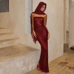 Strapless Sequin Slit Backless Dress Mssaz Desses
