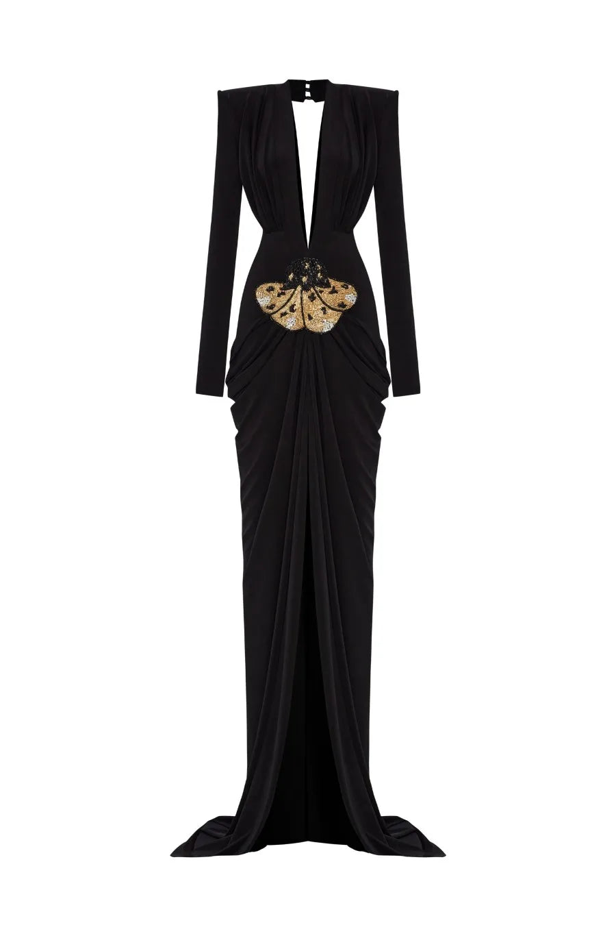 Deep V Neck Long Sleeves Black Maxi Dress Party Gown Mssaz Desses