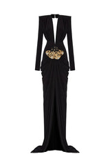 Deep V Neck Long Sleeves Black Maxi Dress Party Gown Mssaz Desses