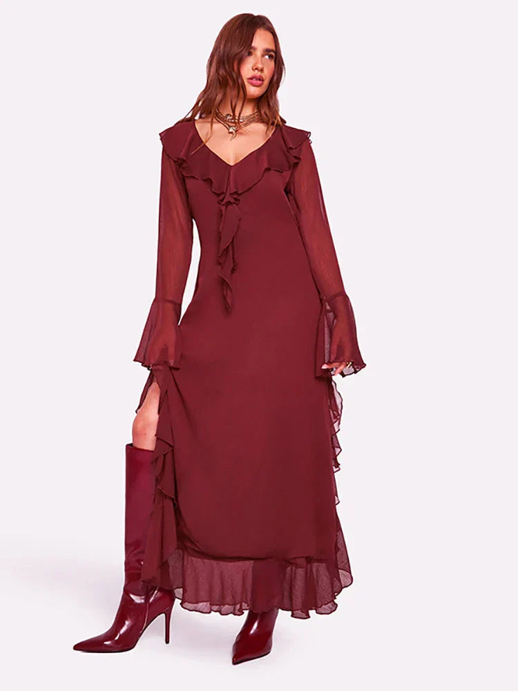 Ruffles Red Flare Sleeve Maxi Dress Mssaz Desses