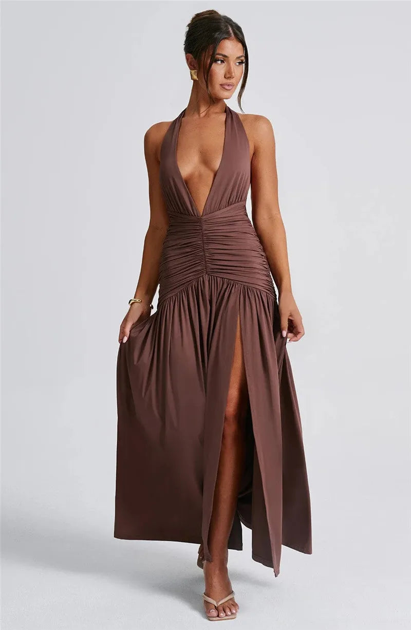Open Back Solid Thigh High Split Long Dress Mssaz Desses