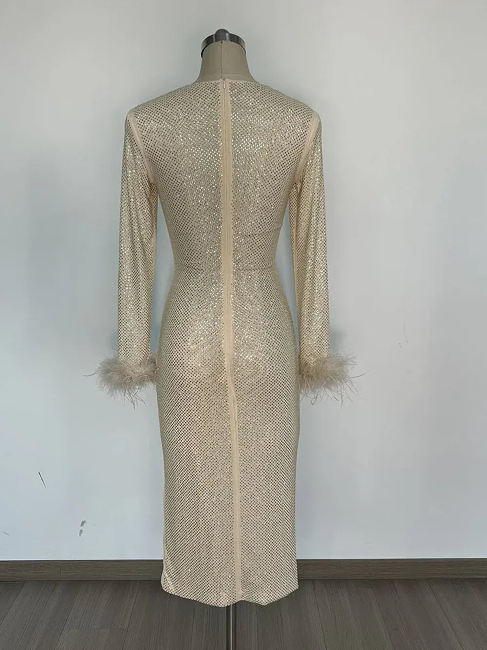 Long Sleeve Feathers Rhinestone Midi Dress Mssaz Desses
