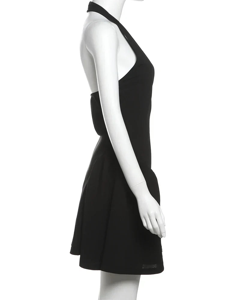 Above Knee Solid Halter Neck Mini Dress Mssaz Desses