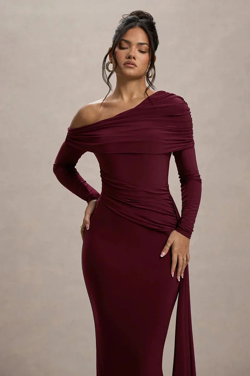 Skew Collar Long Sleeve Maxi Dress Mssaz Desses