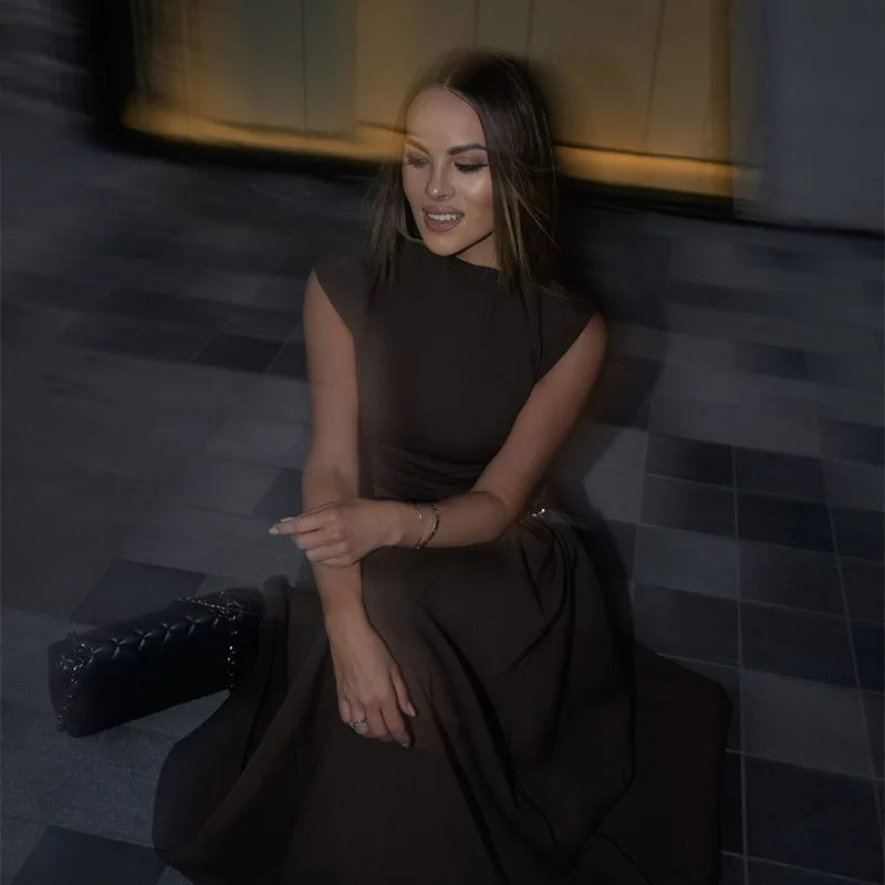 Slanted Collar Solid Pleated Long Dress Mssaz Desses