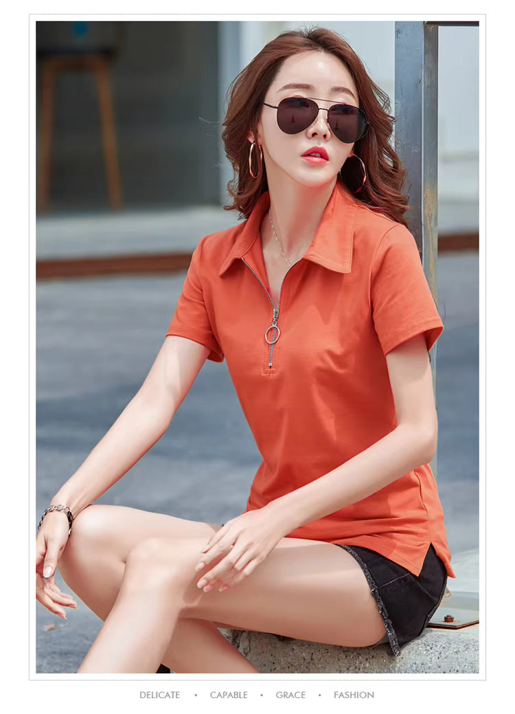 Elegant Style Zipper Neck Short Sleeve Polo Cotton  T Shirt Mssza