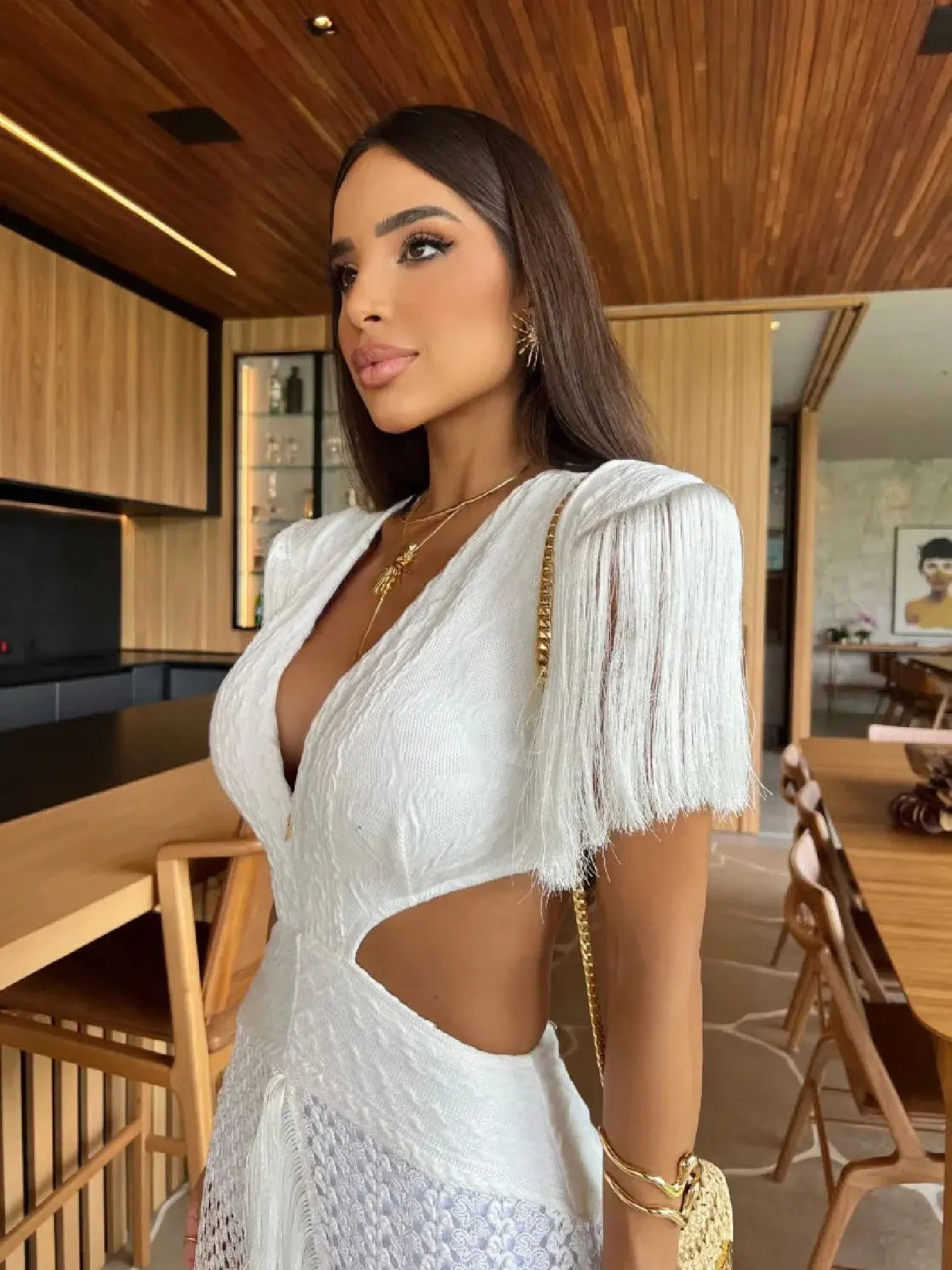 Deep V-Neck Tassel Long Party Dress Mssaz Desses