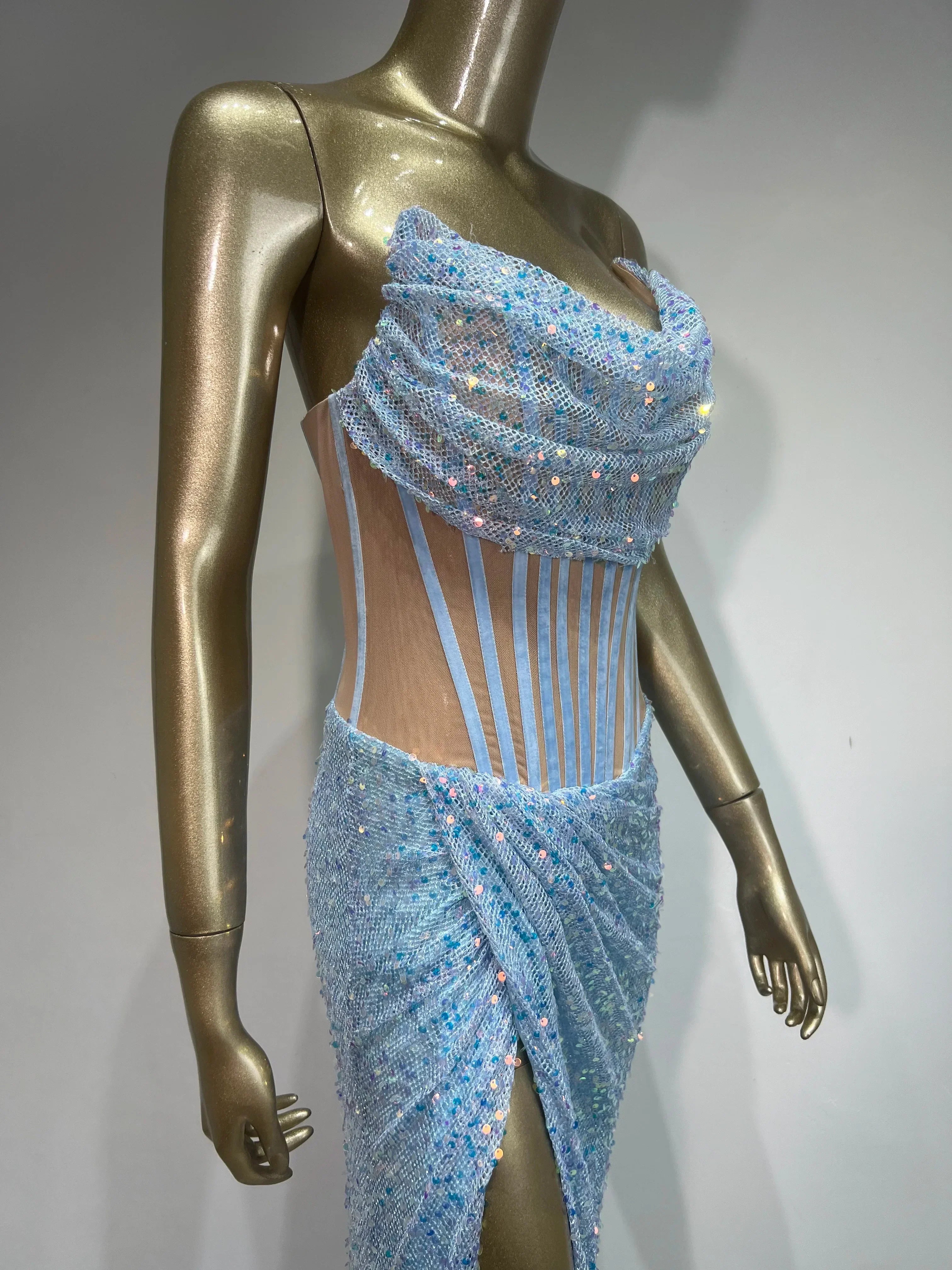 Strapless Mesh Sequins Ruffles Maxi Dress Mssaz Desses
