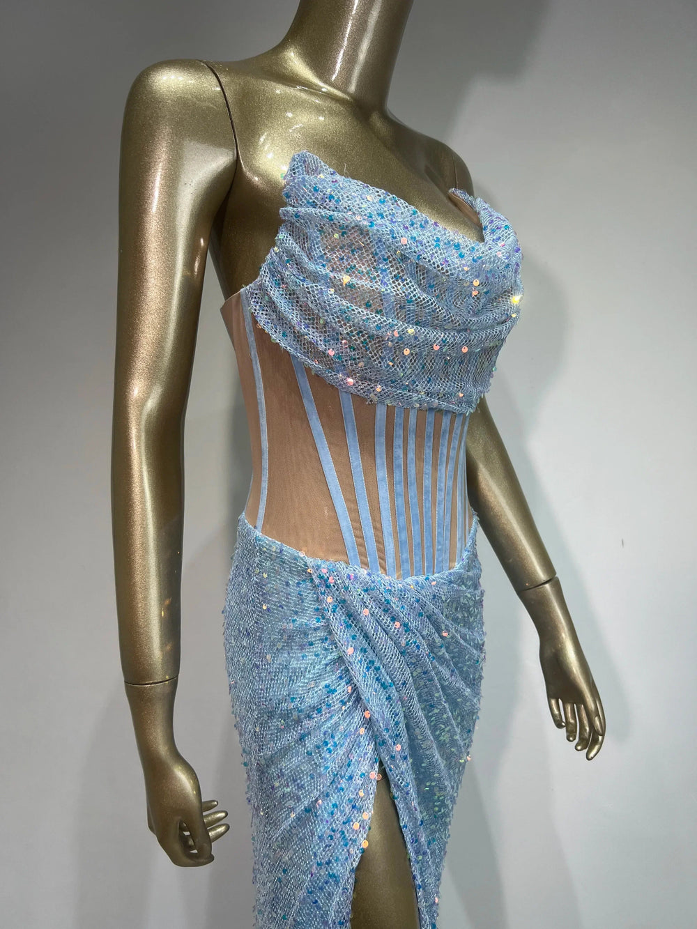 Strapless Mesh Sequins Ruffles Maxi Dress Mssaz Desses