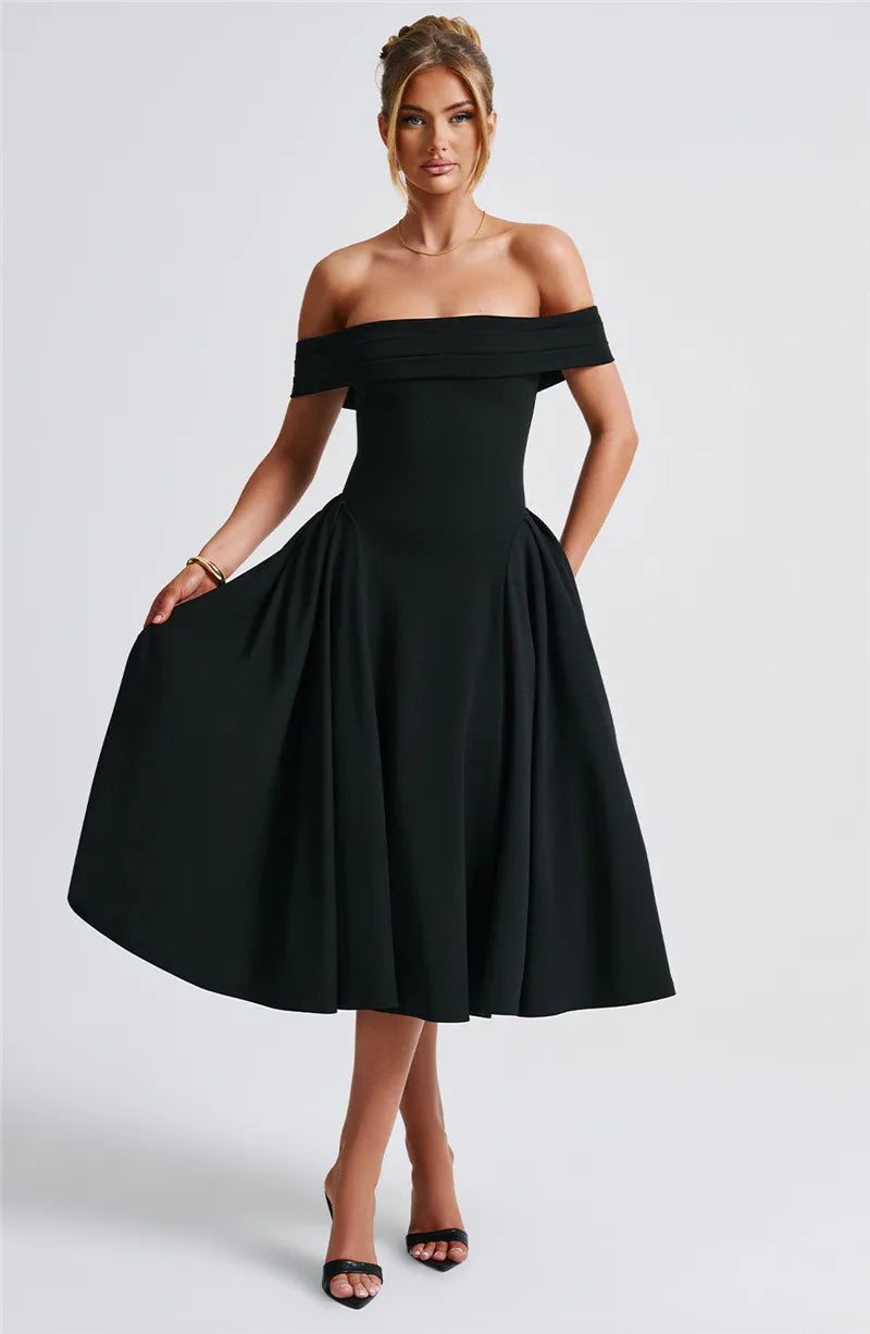 Off-Shoulder Flare Midi Dress Mssaz Desses