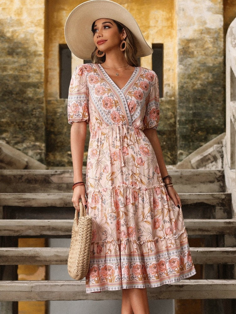 Bohemian Print V-neck HolidayChiffon Dress Mssaz Desses