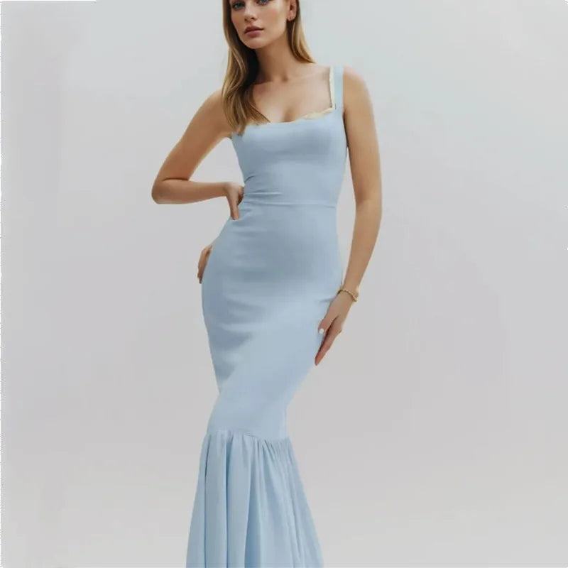 Light Blue Spliced Ruffles Hem Midi Dress Mssaz Desses