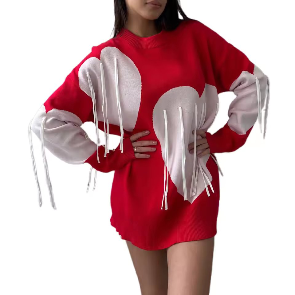 Round Neck Knitwear Tassel Contrast Color Long Sleeve Ribber Loose Fit  Sweater Tops Mssza