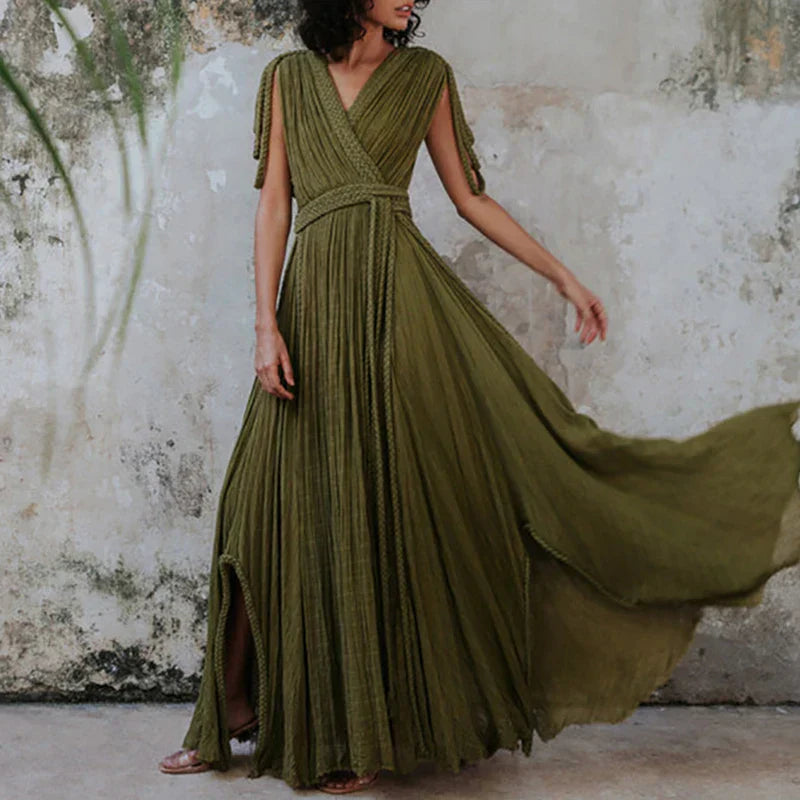 Solid Split Pleated Bandage Long Dress Mssaz Desses