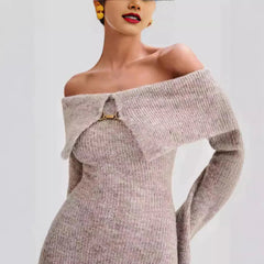 Fluffy Solid Knitted Off Shoulder Midi Dress Mssaz Desses