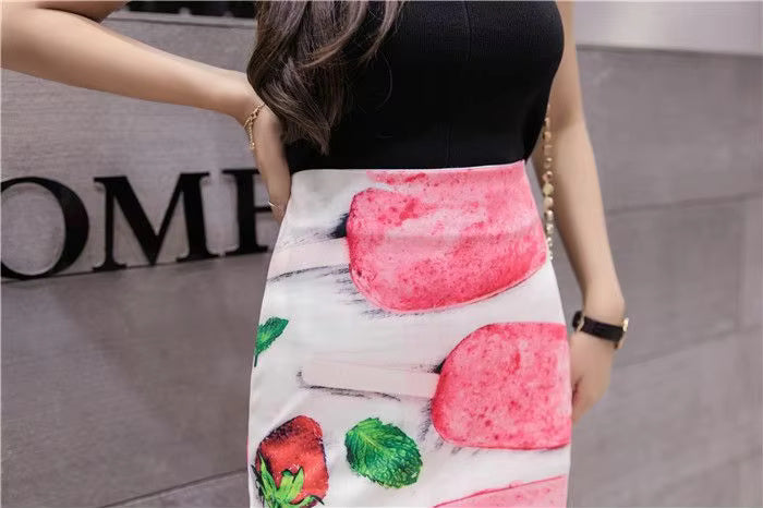 Mermaid Printed Split Style High Waist Slim Zipper Bag Hip Vintage All-match Skirt Mssza