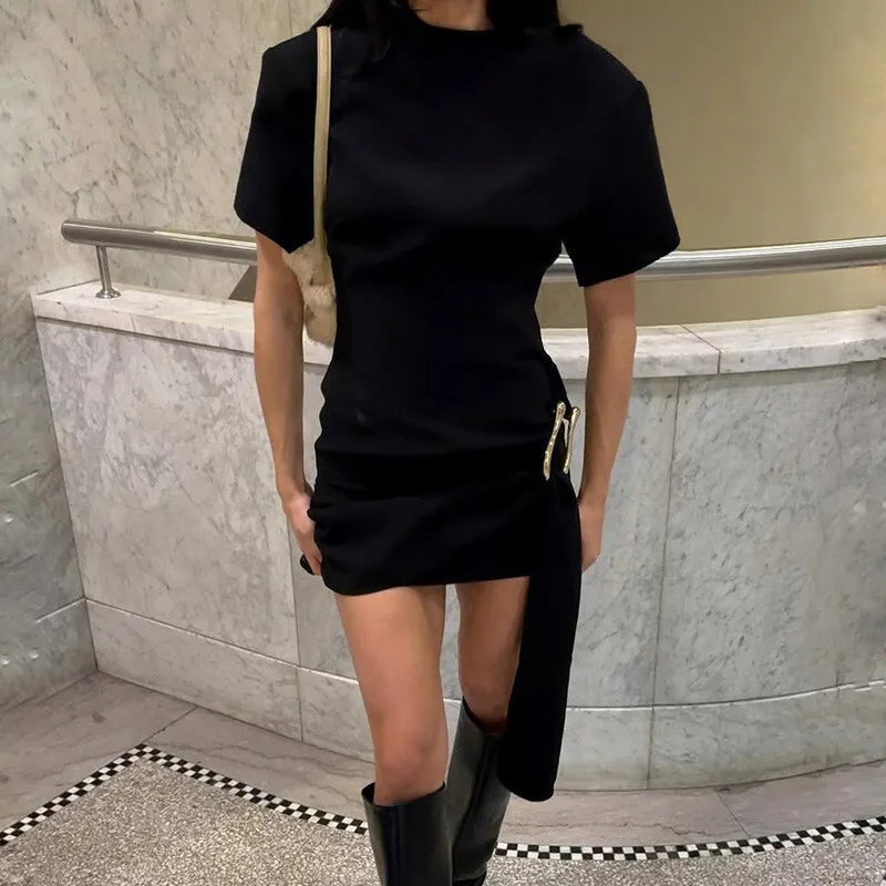 Short Sleeve Draped Black Metal Buckle Mini Dress Mssaz Desses