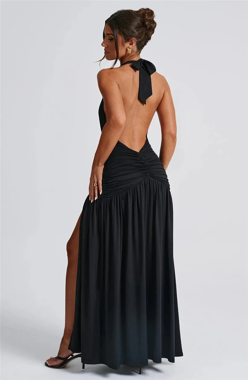 Open Back Solid Thigh High Split Long Dress Mssaz Desses