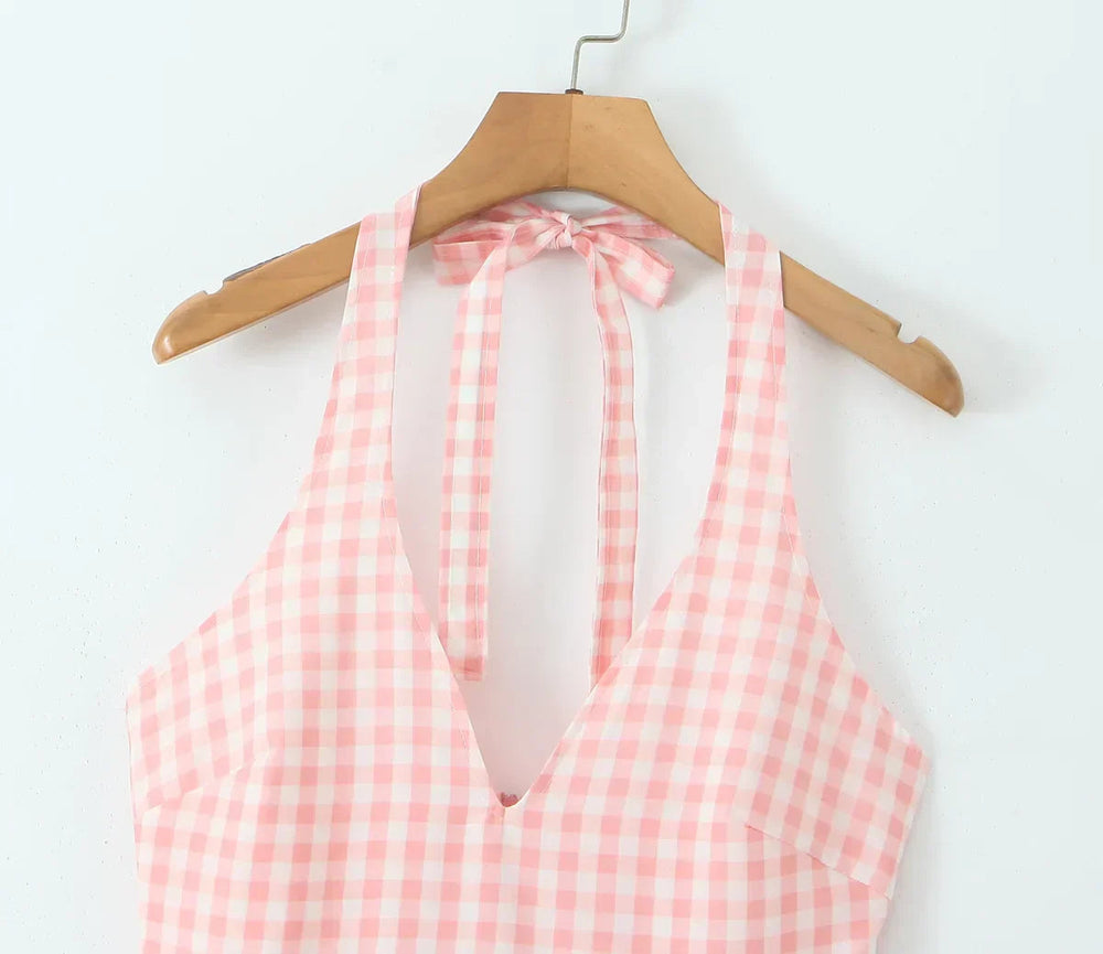 Pink White Plaid Bow Halter V Collar Midi Dress Mssaz Desses