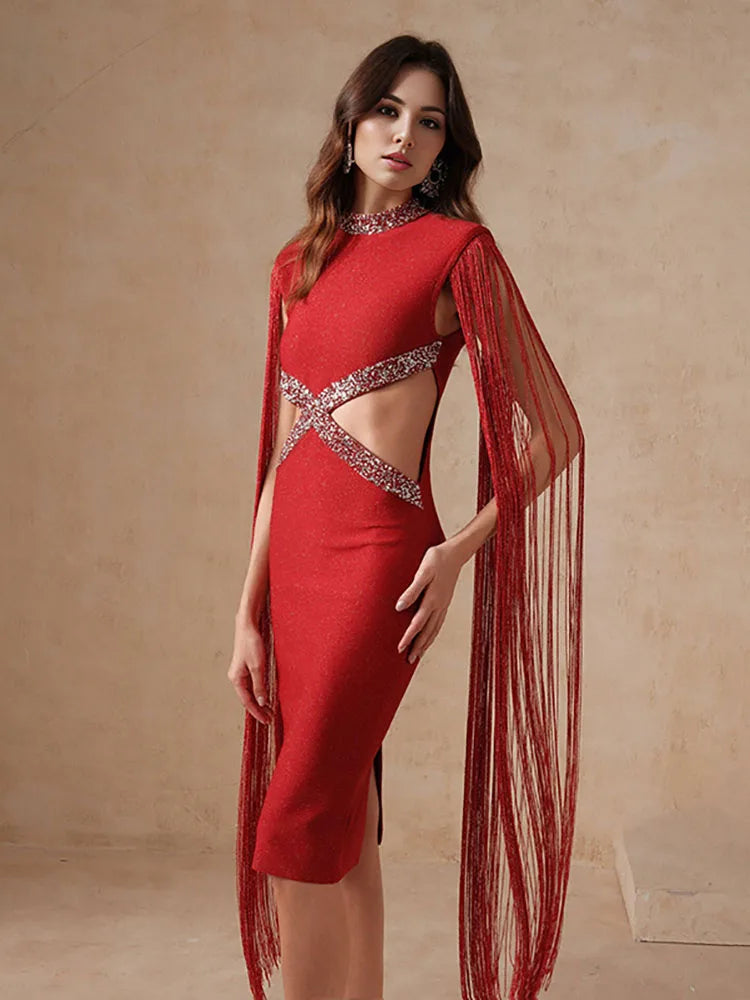 Fringe Sleeve Tassel Sequined Midi Dress Mssaz Desses