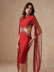 Fringe Sleeve Tassel Sequined Midi Dress Mssaz Desses