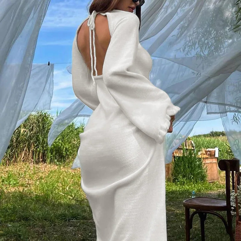 Flare Sleeve Open Back Lace Up Knitwear Long Dress Mssaz Desses