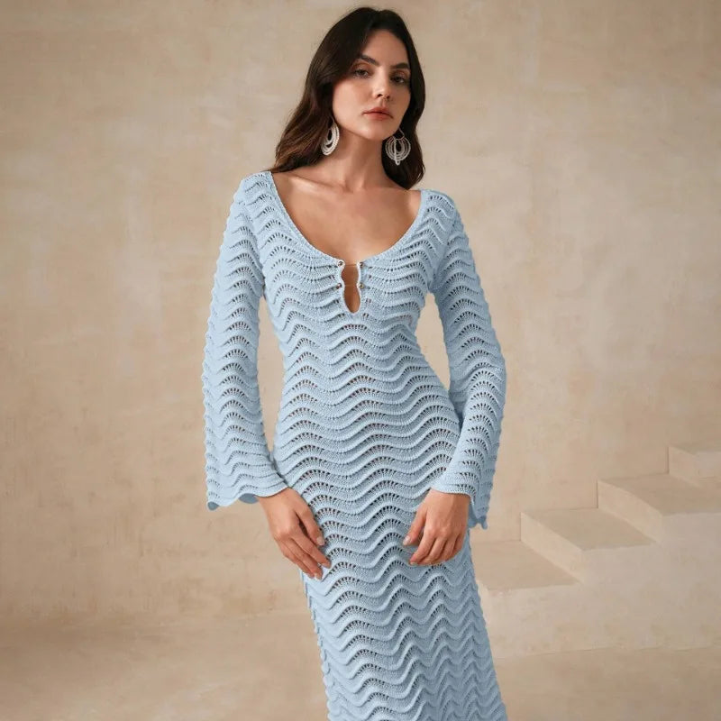 Knit Hollow-Out Loose Patchwork Lace-Up  Dress Mssaz Desses