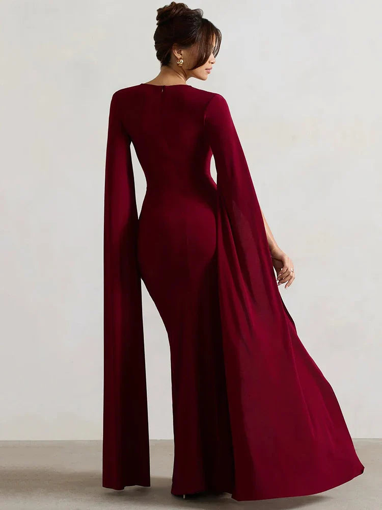 Elegant Cape Sleeve Maxi Dress with High Split Mssaz Desses