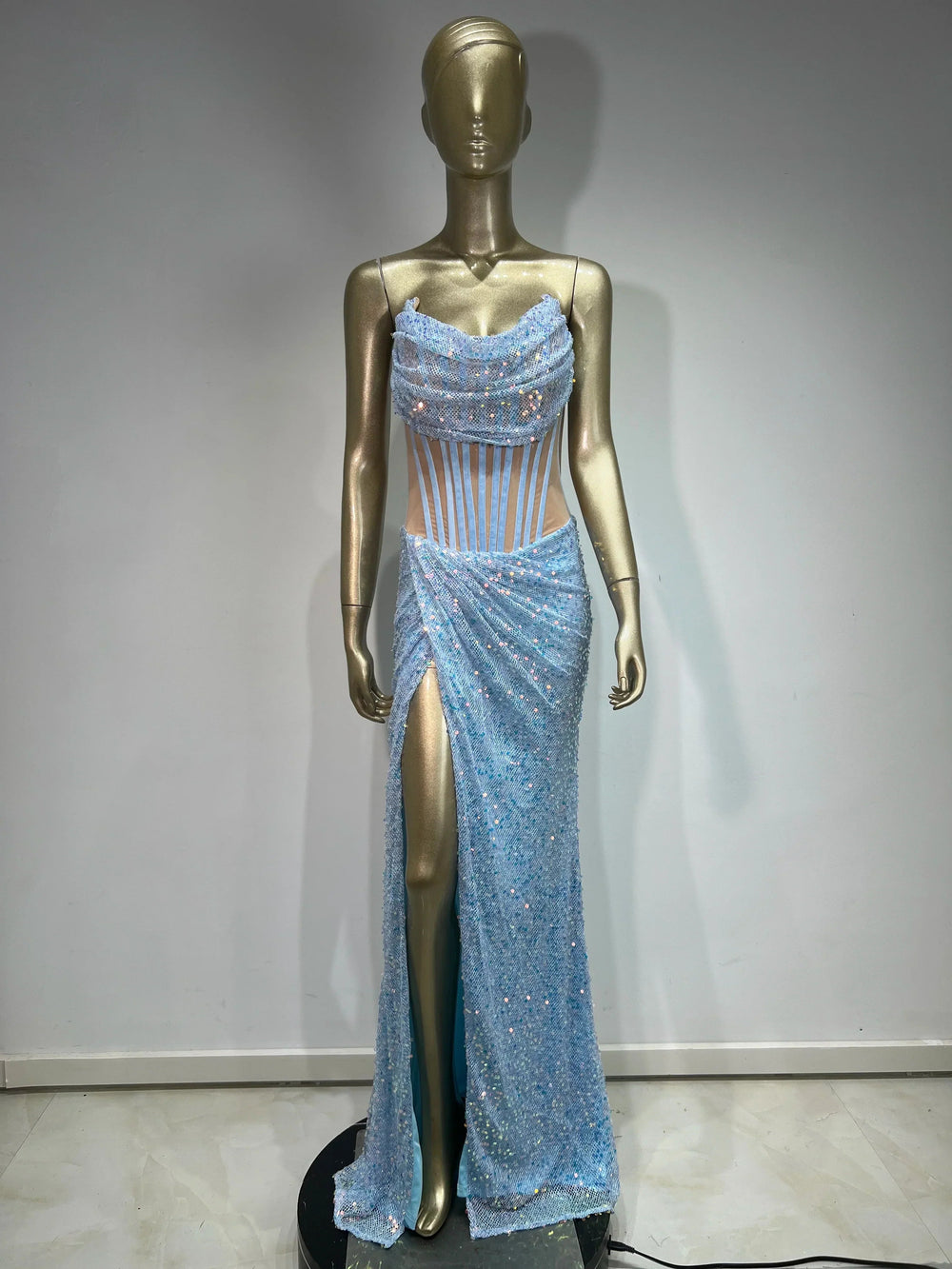 Strapless Mesh Sequins Ruffles Maxi Dress Mssaz Desses