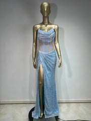 Strapless Mesh Sequins Ruffles Maxi Dress Mssaz Desses