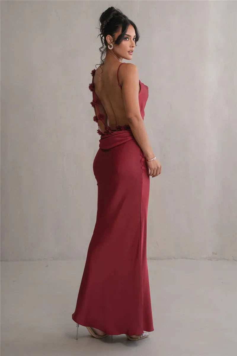3D Flower Draped Open Back Maxi Dress Mssaz Desses