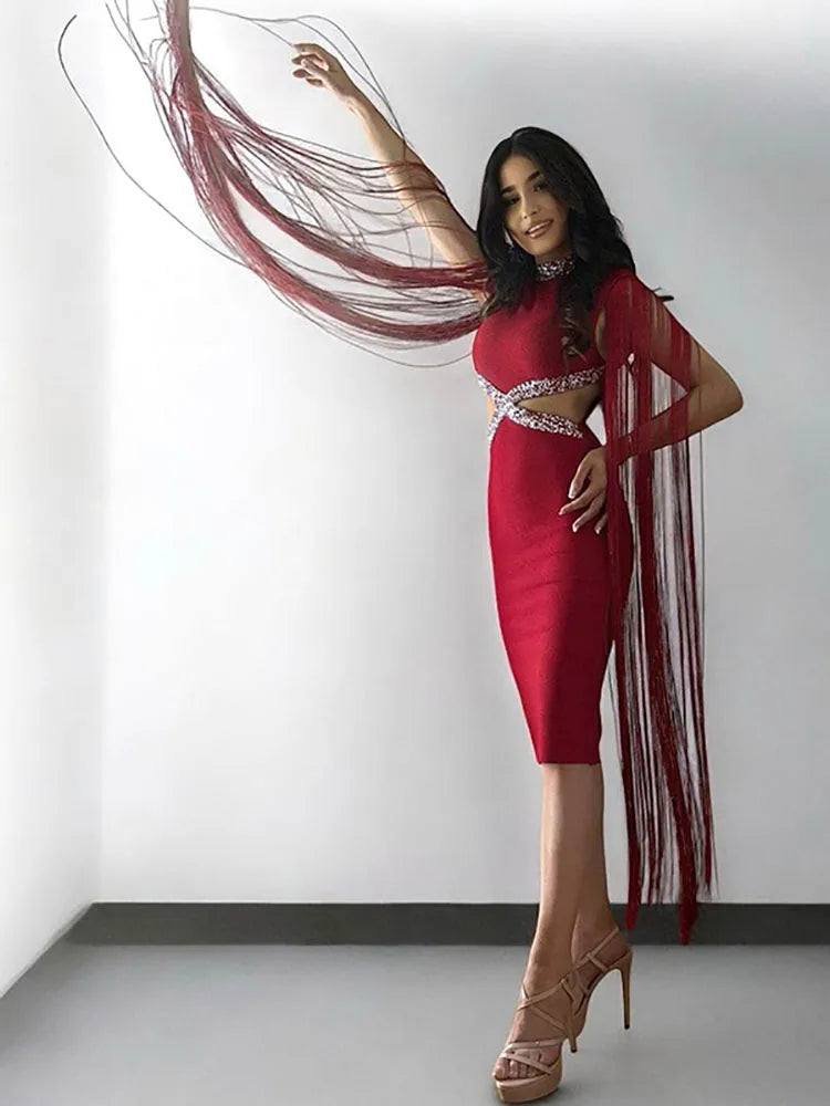Fringe Sleeve Tassel Sequined Midi Dress Mssaz Desses