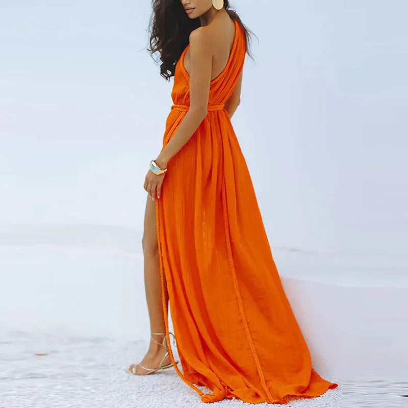 Solid Split Pleated Bandage Long Dress Mssaz Desses