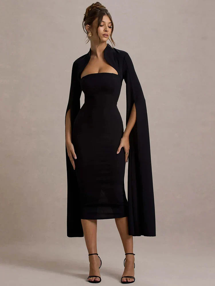 Cape Long Sleeve Square Collar Midi Dress Mssaz Desses