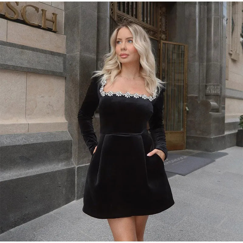 Black Rhinestone Velvet Mini Dress Mssaz Desses