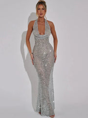 Halter Neck Backless Glitter Long Dress Mssaz Desses