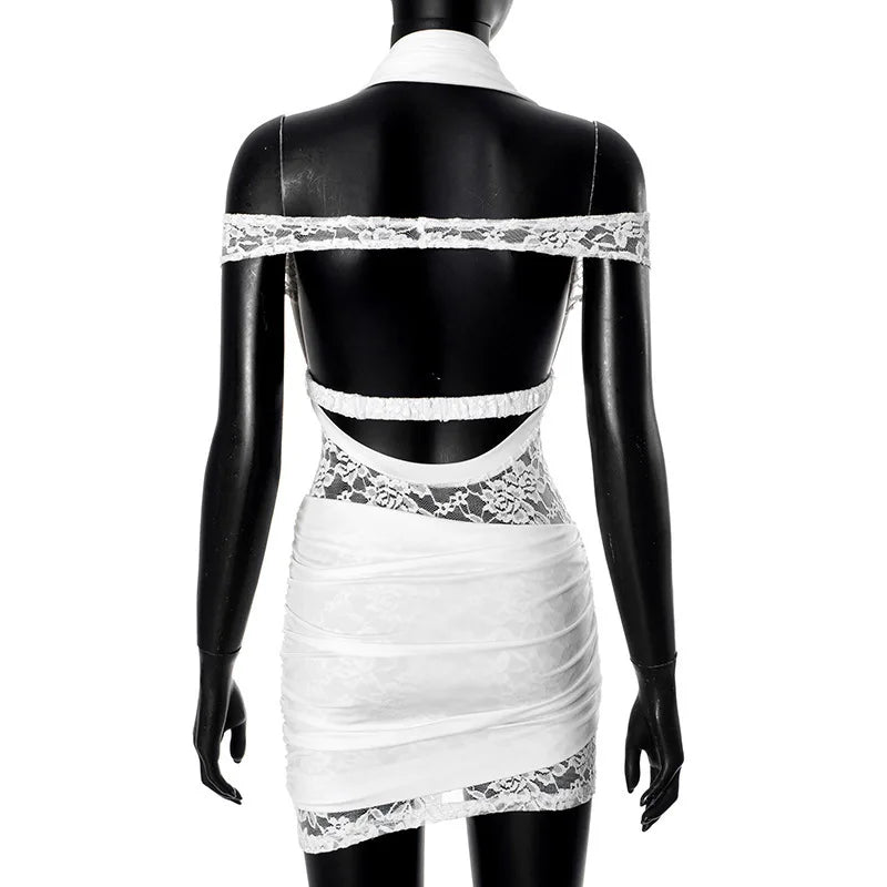 Halter Off the shoulder White Lace Mini Dress Mssaz Desses