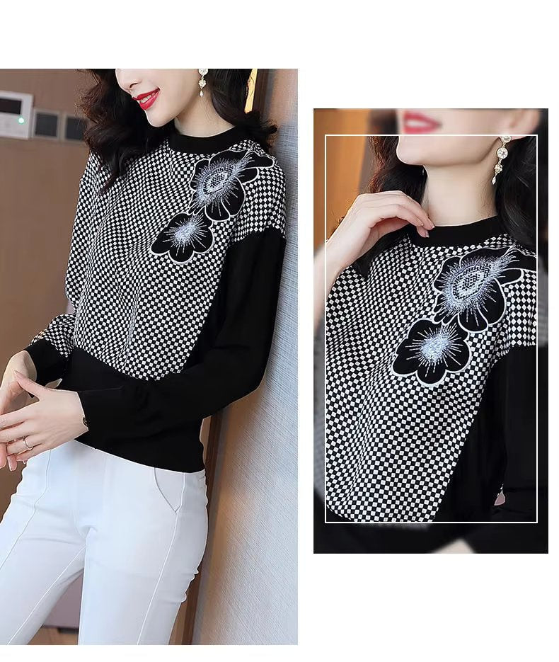 Elegant O-Neck Patchwork Embroidery Screw Thread Loose Casual Long Sleeve Top Mssza