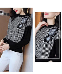 Elegant O-Neck Patchwork Embroidery Screw Thread Loose Casual Long Sleeve Top Mssza
